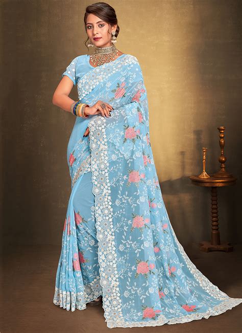 Buy Sky Blue Georgette Festival Wear Resham Work Saree Online From