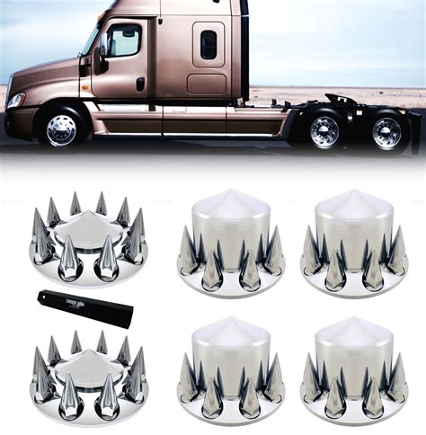 Chrome Semi Truck Wheel Axle Covers Spiked Center Hub Caps W 33mm Lug