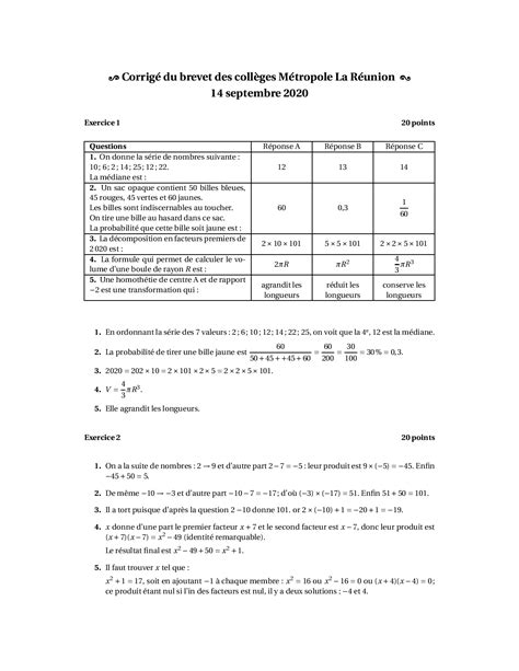 Brevet Maths Métropole La Réunion septembre 2020 Corrigé AlloSchool