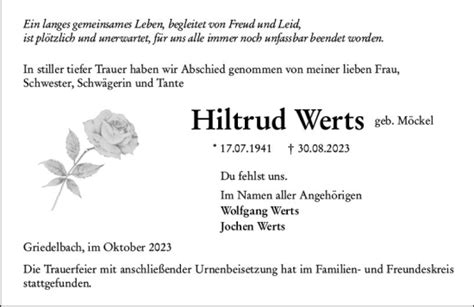 Traueranzeigen Von Hiltrud Werts Vrm Trauer De