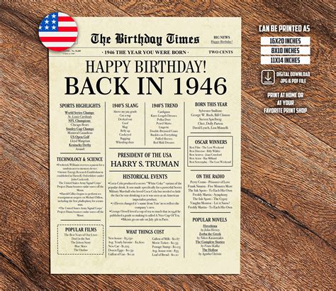 1946 poster 78th birthday newspaper sign 1946 birthday poster instant