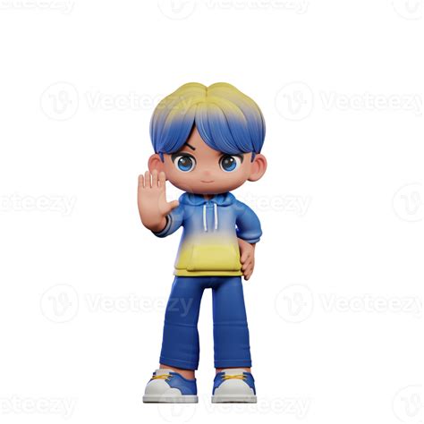 3d Cartoon Character With A Blue Shirt And Yellow Pants Doing Stop Sign