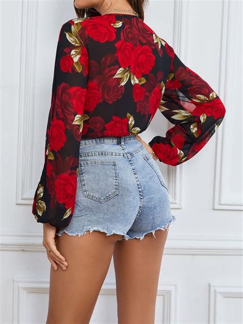 Shein Lune Body Imprim Floral Fendu Manches Bouffantes Mode En