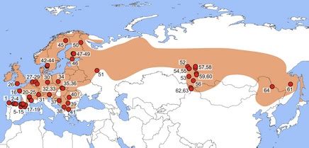 Map showing the range of the common lizard (Zootoca vivipara; in ochre ...