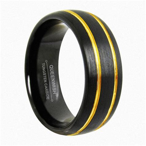 Queenwish 8mm Tungsten Ring Brushed Dome Black Gold Inlay Wedding Bands