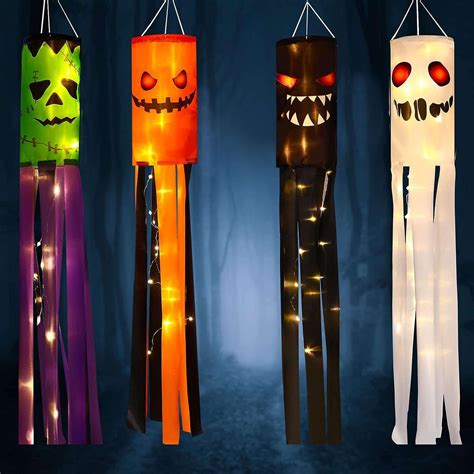 Deago 4pcs 39 Inch Halloween Windsock Flag Pumpkin Bat Ghost Spooky Cartoon Wind Socks Flag With