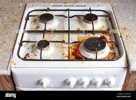 Dirty Grease Stove With Food Leftovers Unclean Gas Kitchen Cooktop