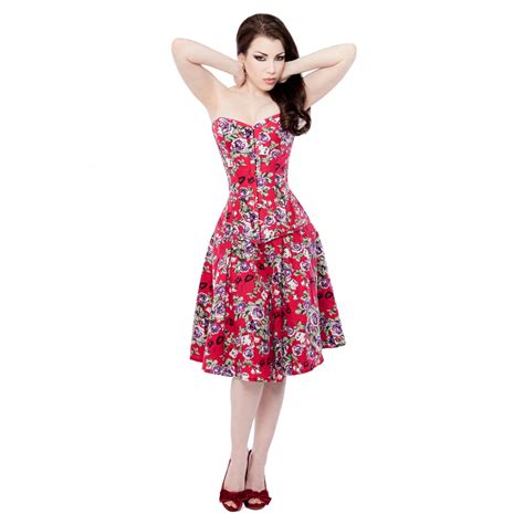 Red Floral Corset Dress With Long Corset