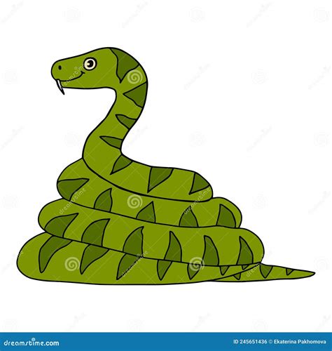 Cartoon Coiled Black Snake With A Forked Tongue Coiled Serpent Vector