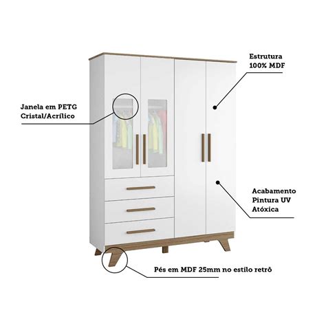 Guarda Roupa Infantil 4 Portas Janela 3 Gavetas em MDF Kakau Retrô