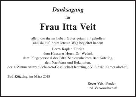 Traueranzeigen von Bad Kötzting Itta Veit Mittelbayerische Trauer