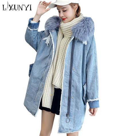 Lxunyi 2019 New Lamb Fur Denim Parka Female With Faux Fox Fur Collar