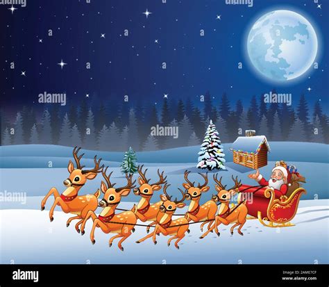 Santa Claus Rides Reindeer Sleigh On Christmas Night Stock Vector Image And Art Alamy