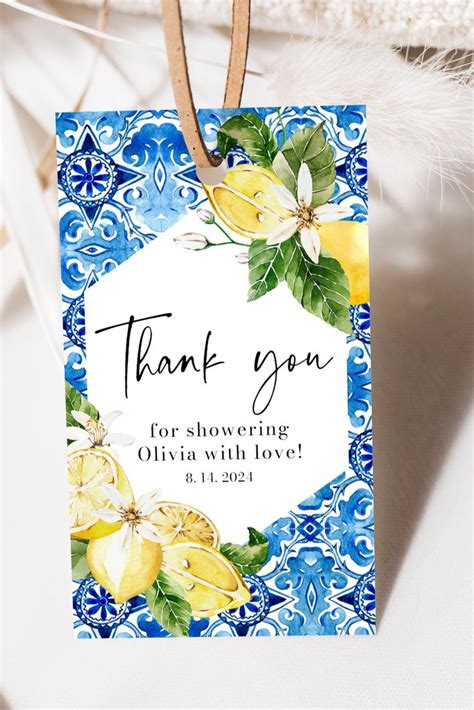 Blue Tiles Lemon Bridal Shower Favor Tag Template Italian Positano