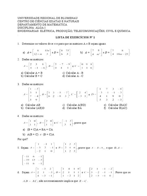 Lista De Exercícios De álgebra Linear Com Problemas Sobre Operações