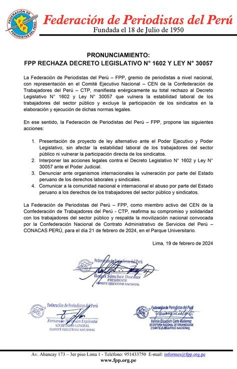 PRONUNCIAMIENTO FPP RECHAZA DECRETO LEGISLATIVO N 1602 Y LEY N 30057