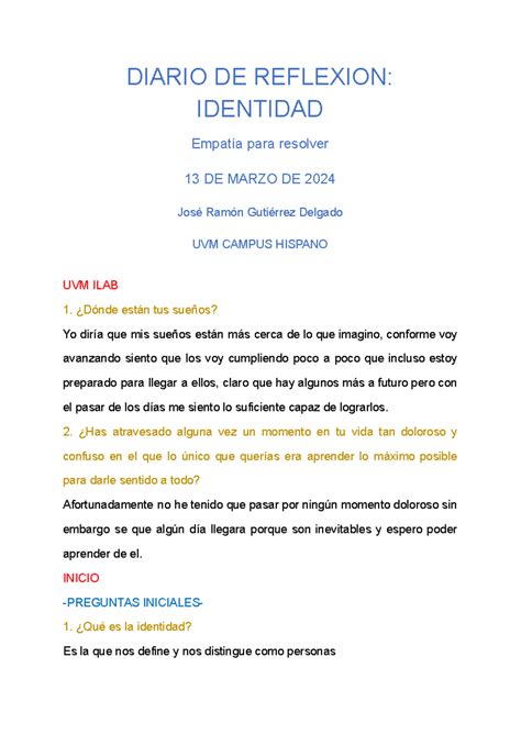 Diario De Reflexi N Jrgd Diario De Reflexion Identidad Empat A Para