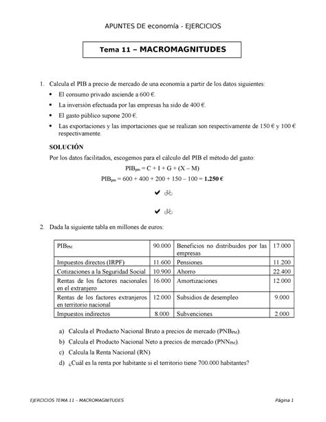 Ejercicios Resueltos De Macromagnitudes Apuntes De Economía Ejercicios Tema 11