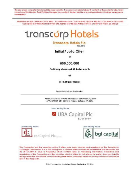 Transcorp Hotels Plc Tranho Ng Prospectus