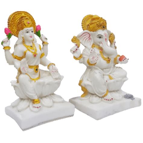 Decorify White Marble Look Laxmi Ganesh Sitting On Lotus Statue For Diwali