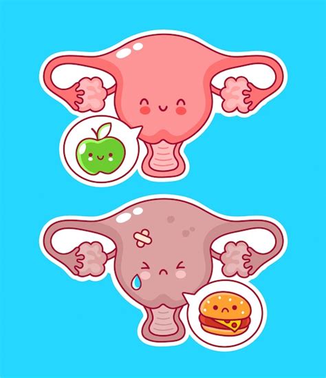 Premium Vector Cute Happy Funny Woman Uterus Organ With Apple And Burger In Speech Bubble