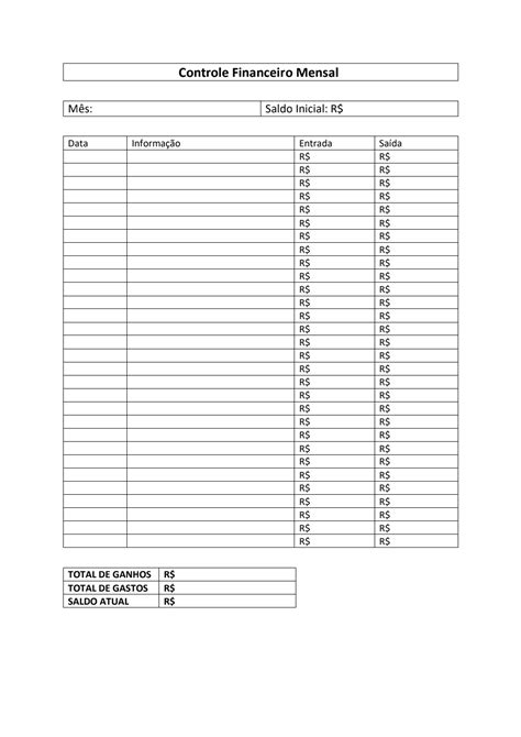 Planilha De Controle Financeiro Mensal