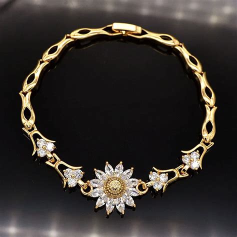 Fashion Women Gold Color Clear Shinning Zircon Cz Sun Flower Bracelet