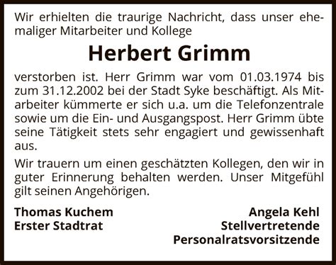 Traueranzeigen Von Herbert Grimm Trauer Kreiszeitung De