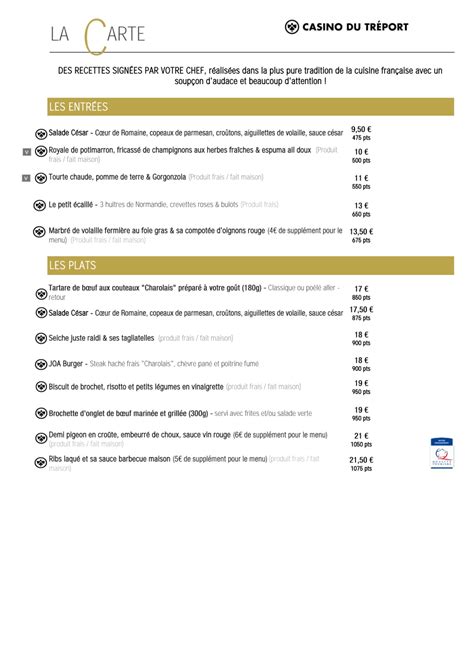 Menù completo e carta 2024 Restaurant du JOA Le Tréport a Le