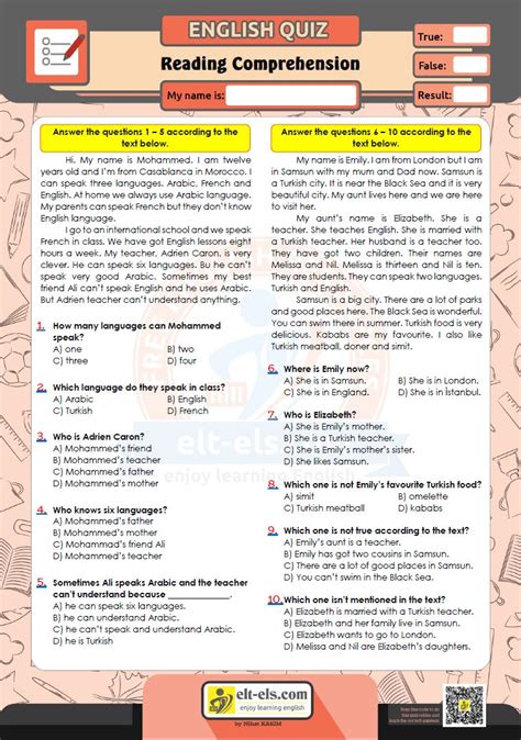 Reading Comprehension Multiple Choice Worksheets