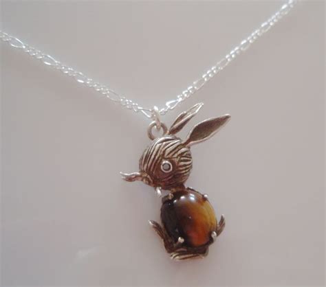 Vintage Silver Bunny Rabbit Tigers Eye Charm Necklace By