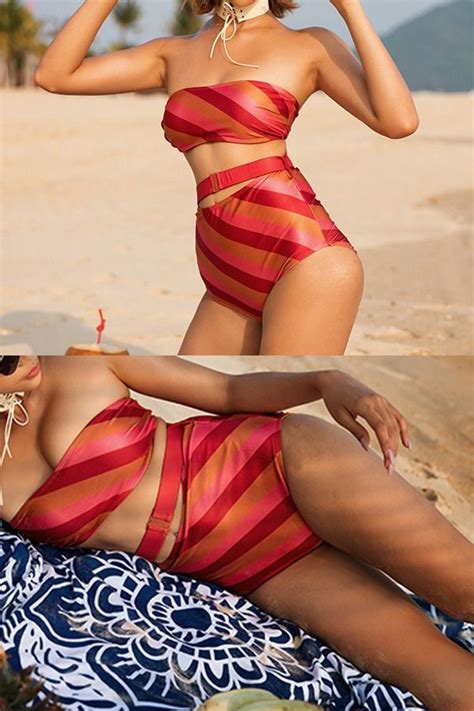 Red Stripe Bandeau Bikini Top And High Waist Bottom Choies