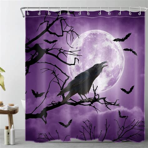 Hvest Purple Halloween Shower Curtain For Bathroom Black Crow And Bat