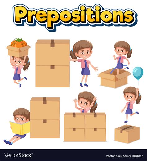 Preposition Wordcard With Girl And Boxes Vector Image