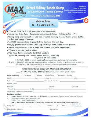 Fillable Online Ktc Tennis Camp Rego Form July Fax Email Print