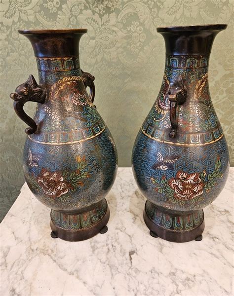 Proantic Paire De Vases Balustre En Cloisonn E Chine Fin Du Xixeme