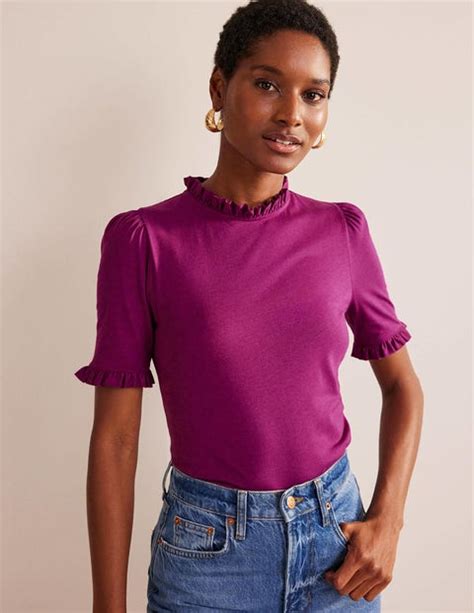 Supersoft Frill Detail T Shirt Damson Berry Boden US