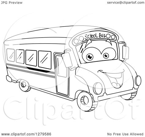 Clipart of a Black and White Happy Smiling School Bus Facing Right ...