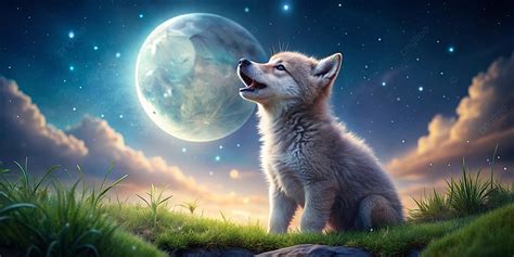 Wolf Pup Howling At The Moon Night Sky Background, Wolf Howling Moon, Night Sky Wolf Pups, Wolf ...