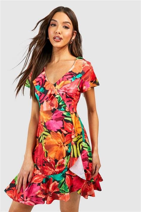 Floral Wrap Front Ruffle Tea Dress Boohoo Uk