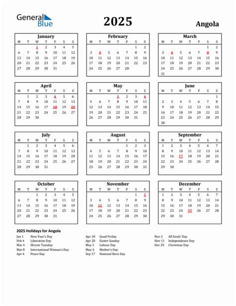 Free Printable 2025 Angola Holiday Calendar