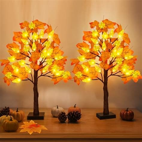 Amazon TURNMEON 2 Pack 18 Inch Prelit Fall Maple Tree Thanksgiving