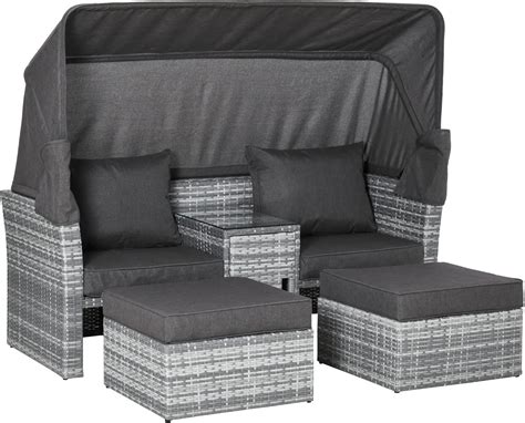 Outsunny 3 Pieces Outdoor PE Rattan Patio Furniture Set Daybed 2 Seater