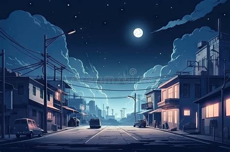 Lofi City Street With View Of The Moon Stars And Night Sky In The