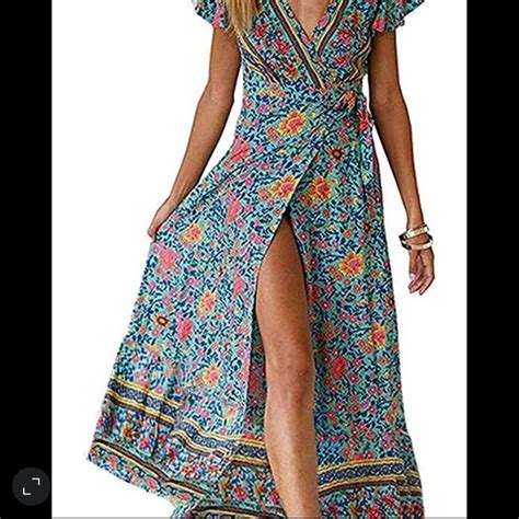 Zesica Dresses Zesica Womens Bohemian Floral Printed Wrap V Neck Short Sleeve Split Maxi