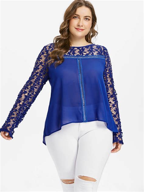 Gamiss Plus Size Sexy Hollow Out Floral Lace Sheer Blouse O Neck Full