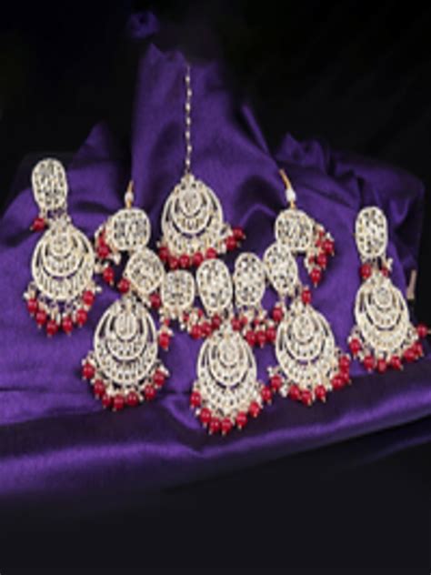 Buy Mirraw Gold Plated Red White Stone Studded Beaded Jewellery Set