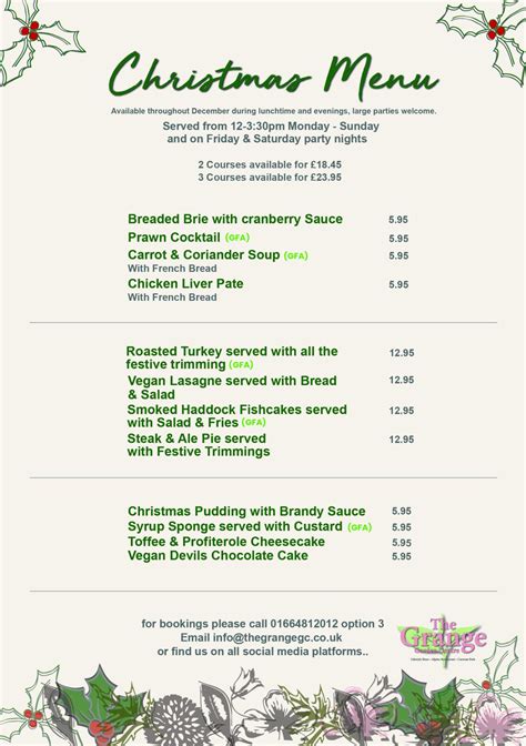 Christmas Menu 2022 The Grange Garden Centre