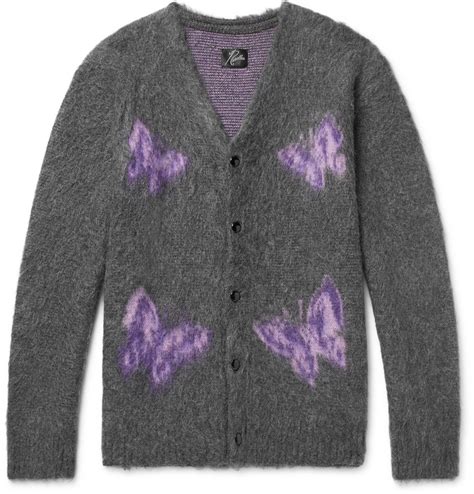 Needles Logo Intarsia Mohair And Wool Blend Cardigan Gray Needles