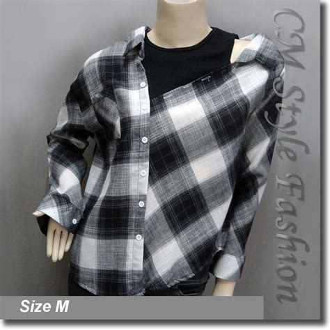 Dual Layered Asymmetric Plaids Checks Tartan Shirt Top Black White Gray